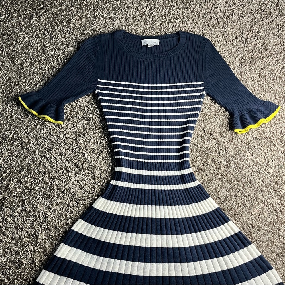 Chic Navy and White Striped Dress with Yellow Trim